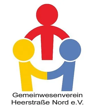 Logo des Gemeinwesenvereins Heerstraße Nord e. V.: drei stilisierte Figuren in Rot, Gelb und Blau, die sich an den Händen halten