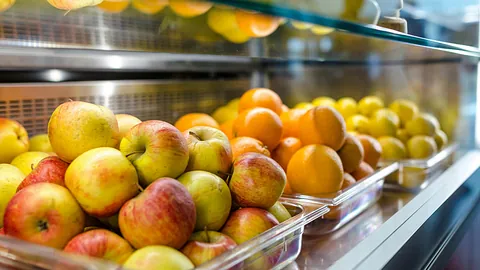 Äpfel und Orangen liegen in Schalen in einer Auslage